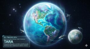 Una visualización holográfica de la "Vista de Línea Temporal 5D" para el planeta Tara, una versión paralela y energéticamente estabilizada de la Tierra ubicada en el sistema estelar triestelar de Sirio B/C. La imagen destaca formaciones de cristal de energía vibratoria y naves espaciales biomórficas en órbita estable según la interfaz holográfica 5D.
